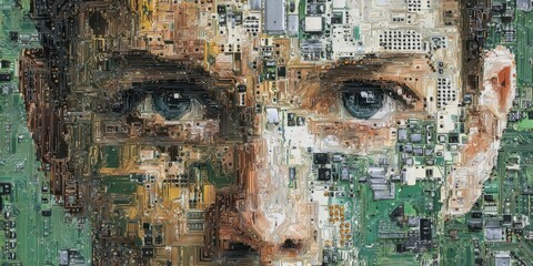 A complex portrait assembled from circuit board fragments.