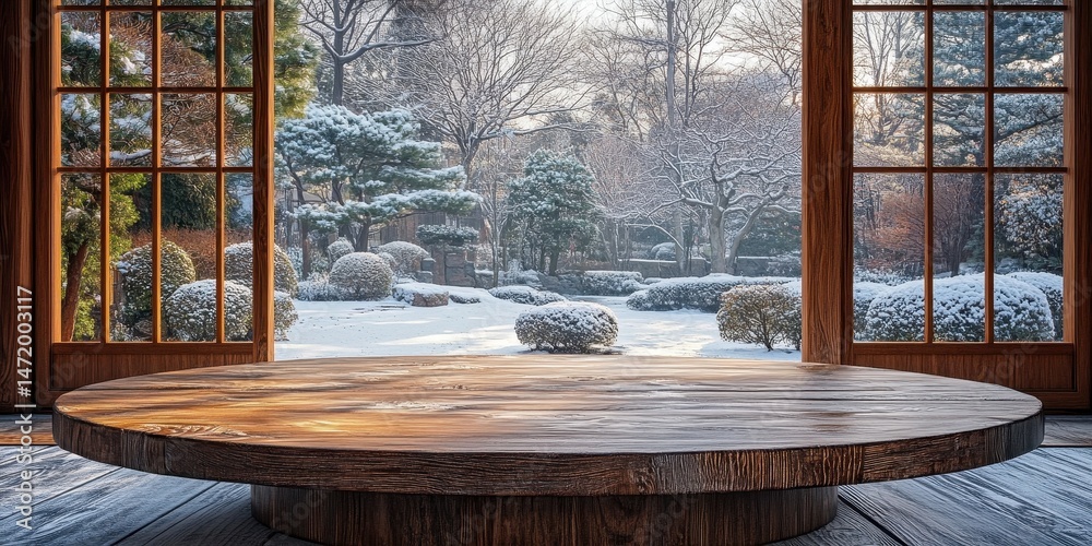 Poster wooden round table in rustic room overlooking snowy winter landscape with natural light from window 