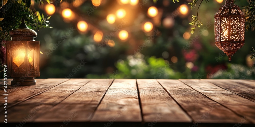 Leinwandbilder wooden table with decorative lanterns and string lights in a lush green background perfect for festi