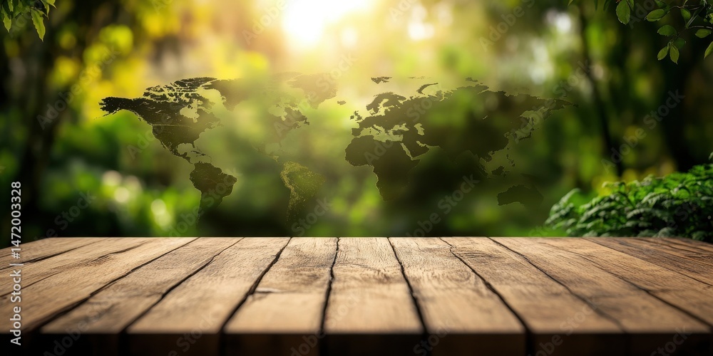 Poster wooden table with a world map overlayed against a sunny green forest backdrop creating an environmen
