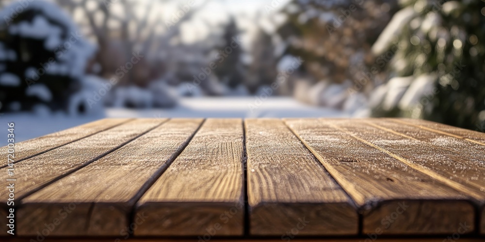 Poster Wooden Table with Frosting in a Snowy Winter Landscape with Blurred Trees Background on a Bright Sunny Day for Product Display Template in Nature