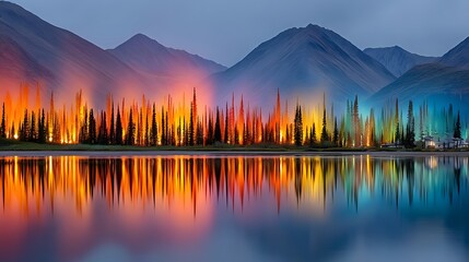 Fototapeta premium Majestic Mountain Lake Reflection Vibrant Sunset Colors Illuminating Evergreen Forest
