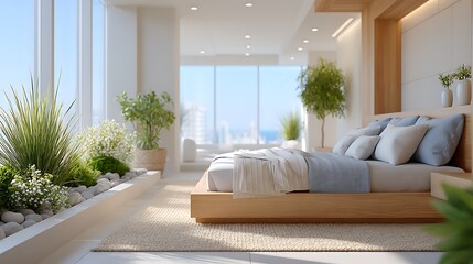 Modern Minimalist Bedroom Design Light Wood Platform Bed Ocean View and Indoor Plants