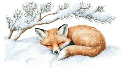 Obraz premium Red Fox Curled Up Asleep in Deep White Snow Under a Snow Laden Branch in Winter with a Tranquil Dreamy Setting