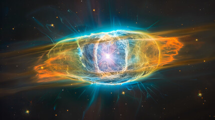 A vibrant nebula with glowing colors and a bright central star surrounded by cosmic dust and gas clouds