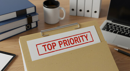 Top Priority Document Placed Above Work Pile Symbolizing Urgency and Immediate Executive Attention Required