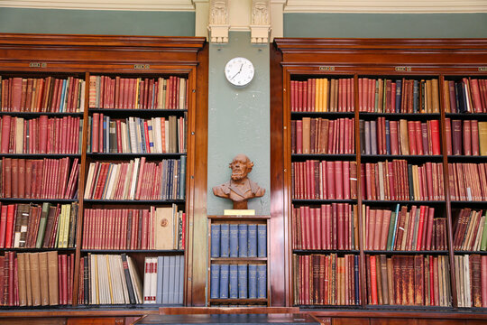 Zabytkowa biblioteka z rzeźbą popiersia i zegarem na regałach

Zabytkowa biblioteka z rzeźbą popiersia i zegarem na regałach

