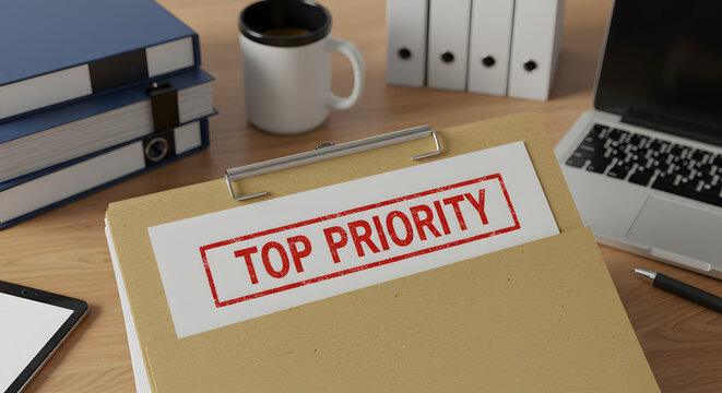 Top Priority Document Placed Above Work Pile Symbolizing Urgency and Immediate Executive Attention Required