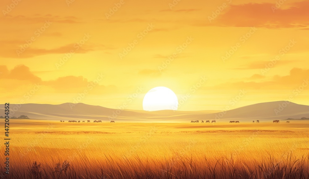 Aufkleber warm golden sunset over rural field with cattle grazing at a distance under a partly cloudy sky in p