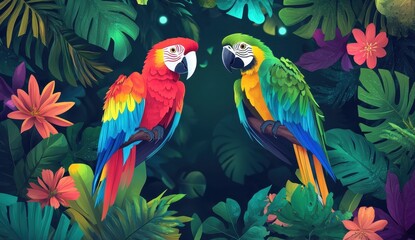 Obraz premium Vibrant Pixel Art Featuring Two Macaws Perched on Branches Surrounded by Lush Tropical Foliage and Exotic Flowers in Deep Green Background