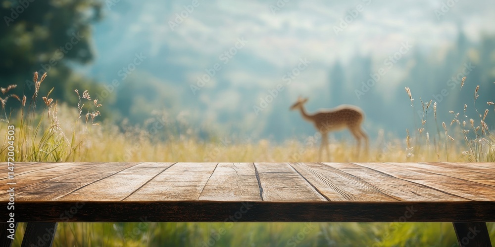 Aufkleber deer standing in a meadow with wooden table in foreground misty forest trees in background on a sunn