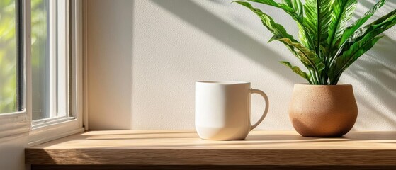 Fototapeta premium Wooden window sill with a white mug and a potted plant on it. the mug is on the left side of the sill and the plant is in a terracotta pot on the right side.