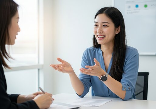 Smiling asian woman gesturing during a meeting at a table