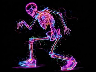 Vibrant, digital depiction of a dancing skeleton figure.
