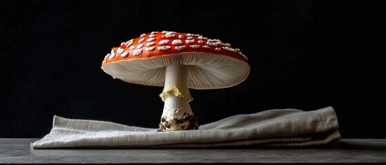Close-up of a fly agaric mushroom, also known as amanita muscaria, on a dark grey surface. the mushroom has a large, round cap with a white base and a red and white striped pattern on the top.