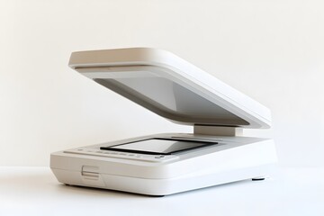 Modern flatbed scanner with open lid isolated on white background and ready to scan