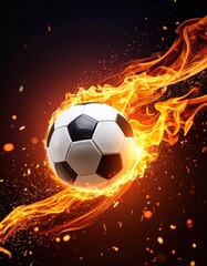 Fototapeta premium Dynamic fiery soccer ball in motion with intense flames and sparks