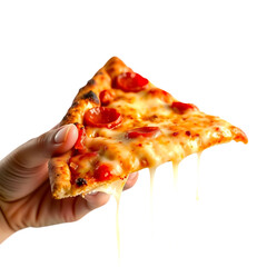 A Hand Holding a Delicious Slice of Pepperoni Pizza with Melted Cheese Dripping Down