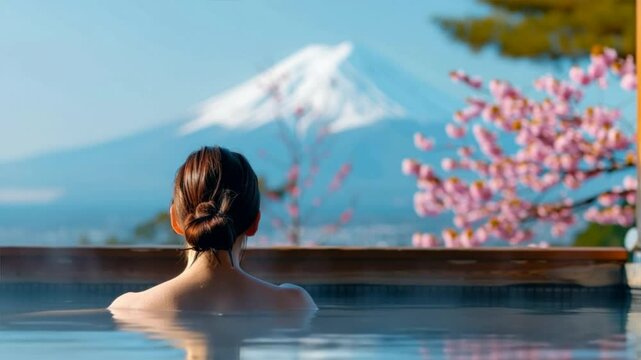 A serene moment in a hot spring with a view of a majestic mountain and blooming cherry blossoms in the background.