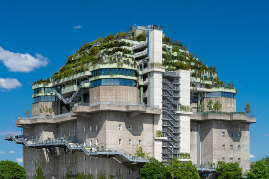 Hamburg, Germany - May 8, 2025: The St. Pauli Bunker, converted into an urban monument with a city garden with a publicly accessible natural oasis.