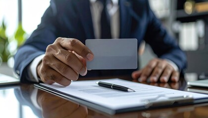 Fototapeta premium African male hand holding blank card over documents on office desk