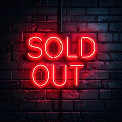 Red neon sold out sign on dark brick wall for event and business advertising