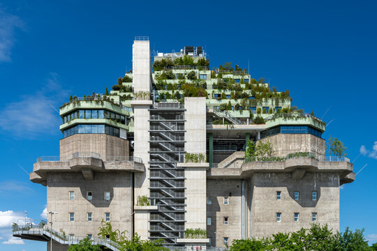 Hamburg, Germany - May 8, 2025: The St. Pauli Bunker, converted into an urban monument with a city garden with a publicly accessible natural oasis.