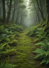 Lush green ferns and moss carpet forest floor ,  plants,  jungle