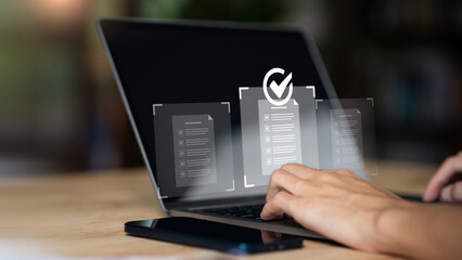 Businessman check and check mark online ,Approval of checklist documents ,Concept Review and...