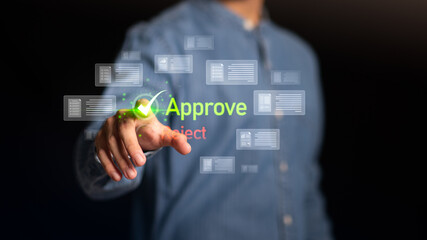 Businessman check and check mark online ,Approval of checklist documents ,Concept Review and Approval ,signing a business contract approval ,Business paperwork ,stamping in the contract