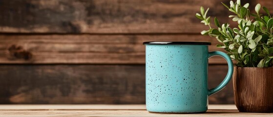 Blue enamel mug with a black lid on a wooden table. the mug has a speckled pattern and appears to be made of ceramic. next to the mug, there is a small potted plant with green leaves.