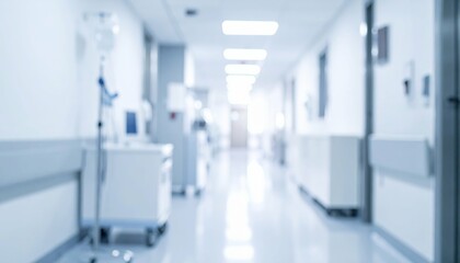 Blurred View of a Modern and Sterile Hospital Corridor with Medical Equipment in Soft Focus