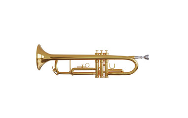 Obraz premium Golden shiny new metallic brass trumpet music instrument isolated. Brass instruments, golden trumpet on transparency background. 