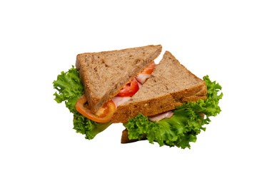 Two ham sandwiches with lettuce, tomato, and ham on whole-wheat bread are isolated on a white background.
