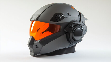 Fototapeta premium Paris Air Show, Futuristic Motorcycle Helmet with Orange Visor Modern Design Protective Gear