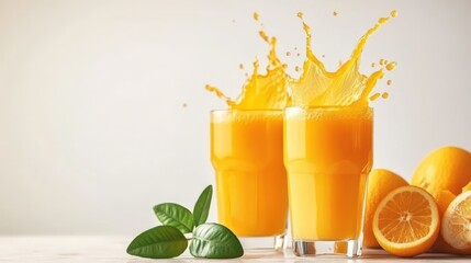 Splashed orange juice, two glasses, fresh fruit, light background