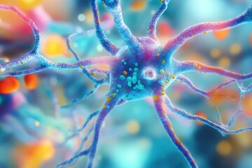 Detailed, colorful illustration of a neuron with its dendrites extending outwards, surrounded by other biological cells in a vibrant, detailed environment.