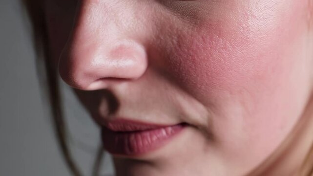 Woman showing rosacea skin redness on face