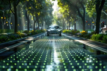 A modern electric vehicle drives on a digitally enhanced smart road surrounded by trees and illuminated grid patterns.
