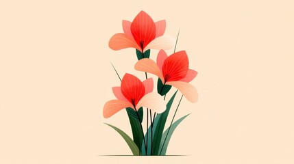 Obraz premium Stylized Red and Pink Flower Illustration with Green Leaves on Beige Background