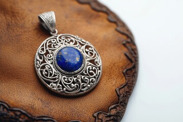 Naklejka premium An ornate silver pendant featuring a vibrant blue lapis lazuli stone, resting on a distressed brown leather surface, showcasing craftsmanship.