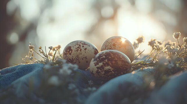 Three speckled quail eggs nestled in wildflowers on denim - Powered by Adobe