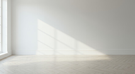 Fototapeta premium Bright White Room: Interior Design, Minimalist Style, Sunlight, & Herringbone Wood Floor - Clean, Modern, & Inviting Space