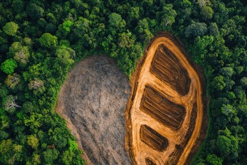 Aerial view showing deforestation and clearing of lush green rainforest for agriculture or logging purposes, causing environmental damage.
