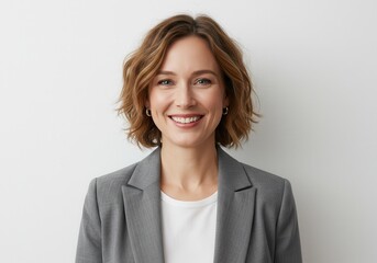 Smiling woman in blazer on white background, portrait of professional with short hair