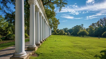 Naklejka premium Row of white columns at historical site stock photo --ar 16:9 --raw --v 6 Job ID: 4034a92c-d721-4e87-9589-ef0c91955d4c
