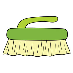 Hand drawn cartoon green cleaning brush on white background.