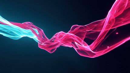 Vibrant artificial energy flow of bright cyan and magenta light waves twisting dynamically on dark background, creating abstract and energetic visual effect