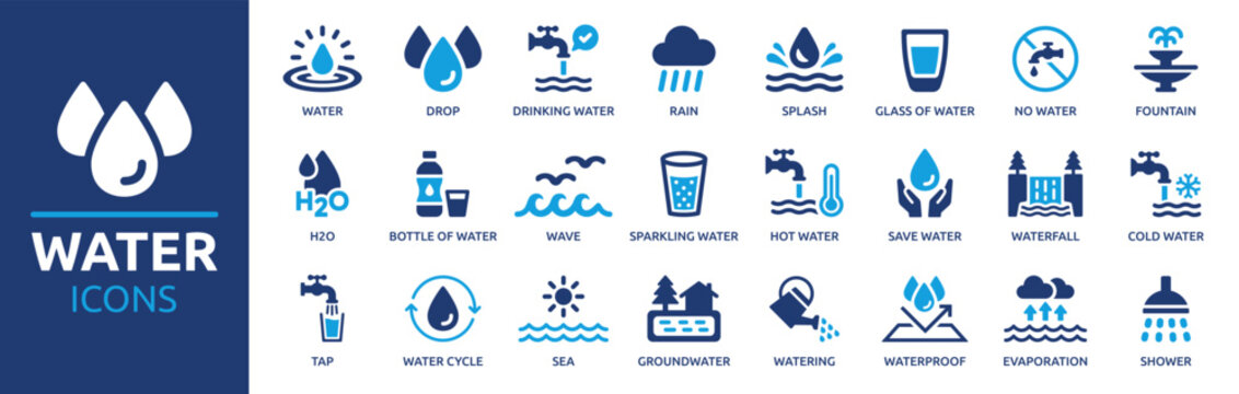 Water icon set. Containing drop, rain, tap, h2o, waterproof, glass of water, shower, drinking water and more. Solid vector icons collection.