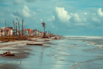Naklejka premium Coastal homes damaged by storm surge, a devastated shoreline.